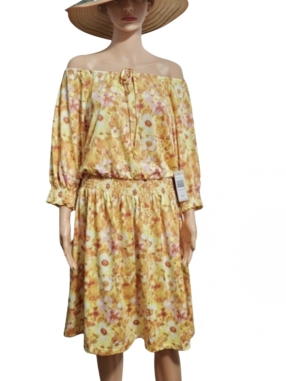 Sunny Leigh Floral Print 3/4 Puff Sleeve Smocked Waist Cottagecore Boho Dress L